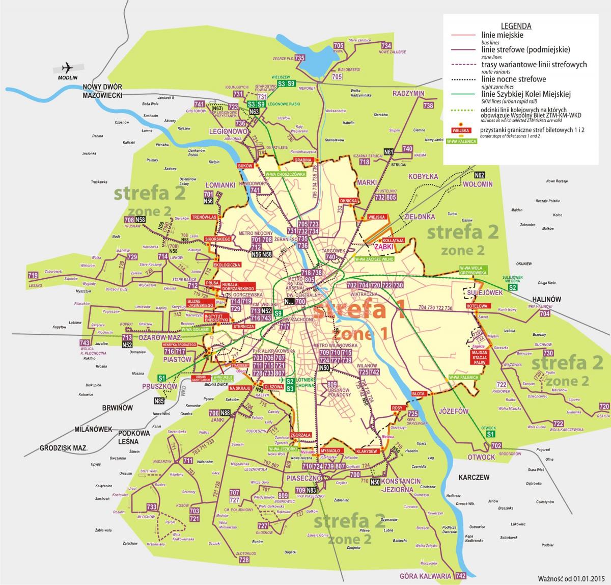 Žemėlapis Varšuvos autobusų 