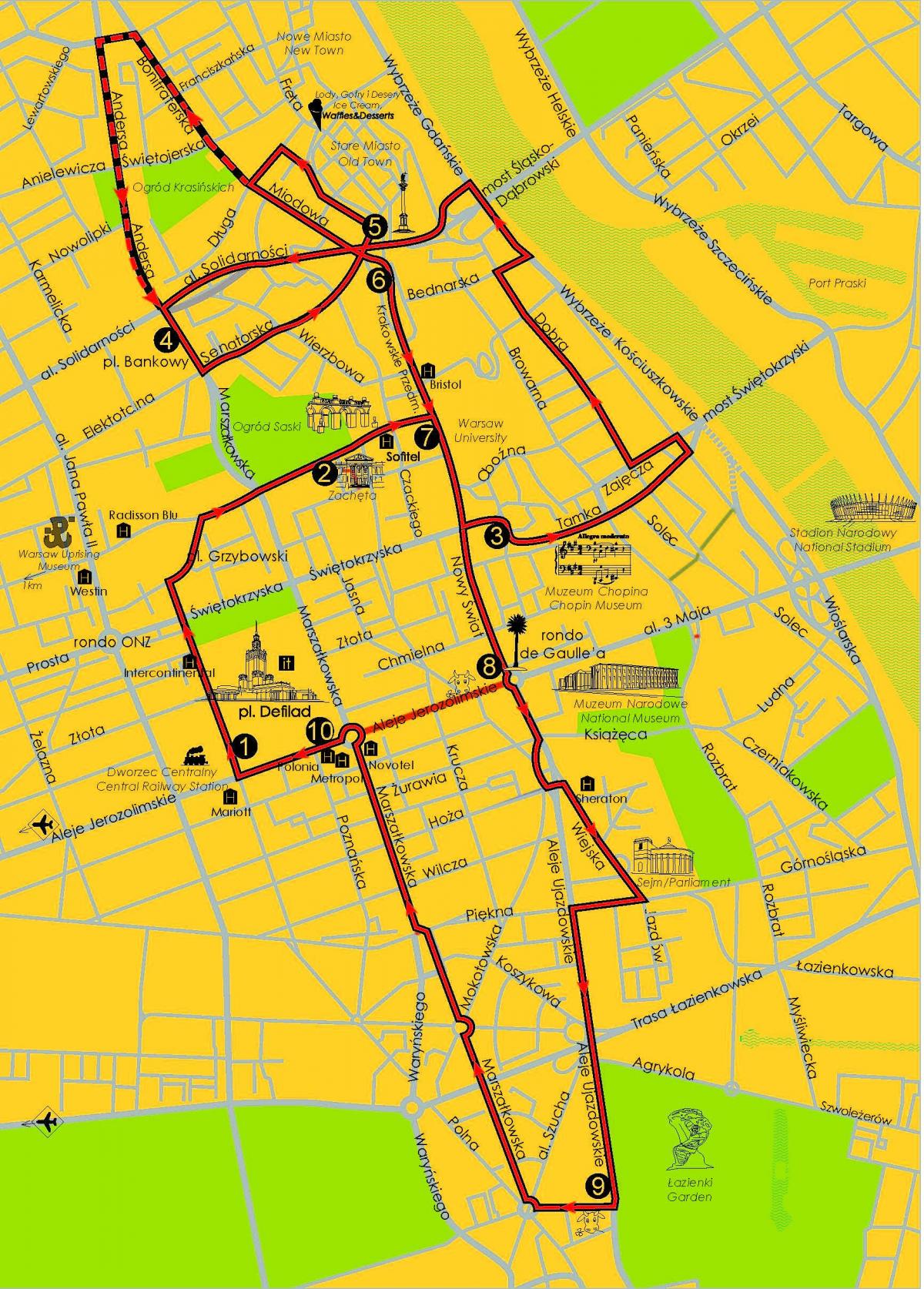 Žemėlapis Varšuvos hop on hop off autobusą 