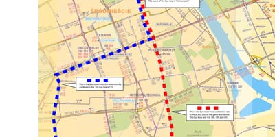 Žemėlapis Varšuvos autobusų 175 maršrutą 