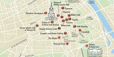 Žemėlapis Varšuvoje su turistų lankomas vietas